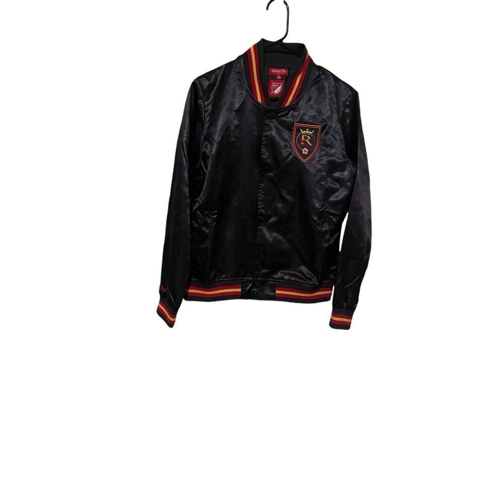 Mitchell & Ness Womens Blue Striped Trim Satin MLS Bomber Jacket Size Small